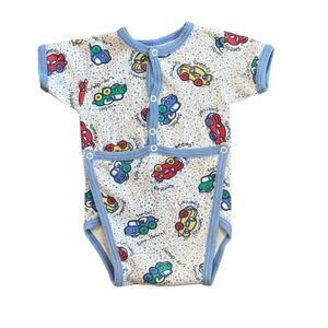 JCPenney Vintage Baby Bodysuit Medium White Blue Car Print Snap Front Romper